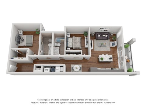 A 3D floor plan of a house with a kitchen, living room, and two bedrooms.